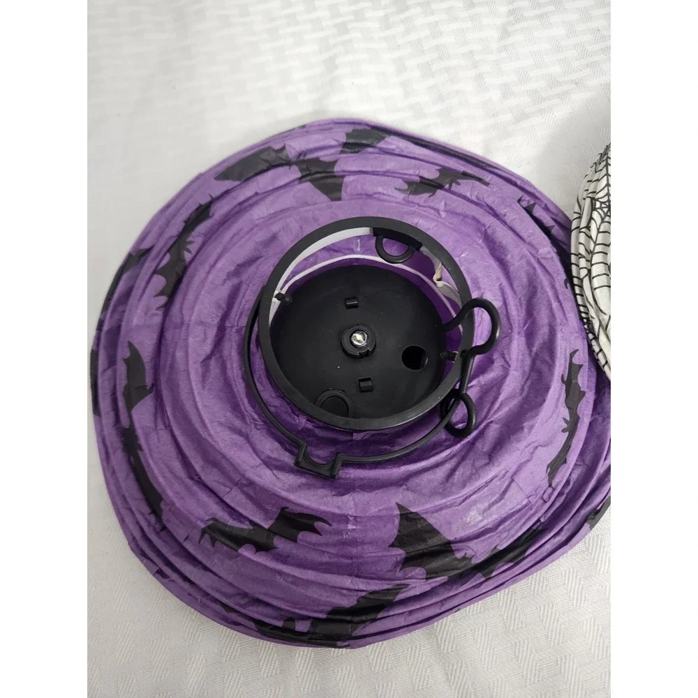 Halloween Paper Lanterns Set of 2 Purple Bat White Spiderweb LED Hanging Decor